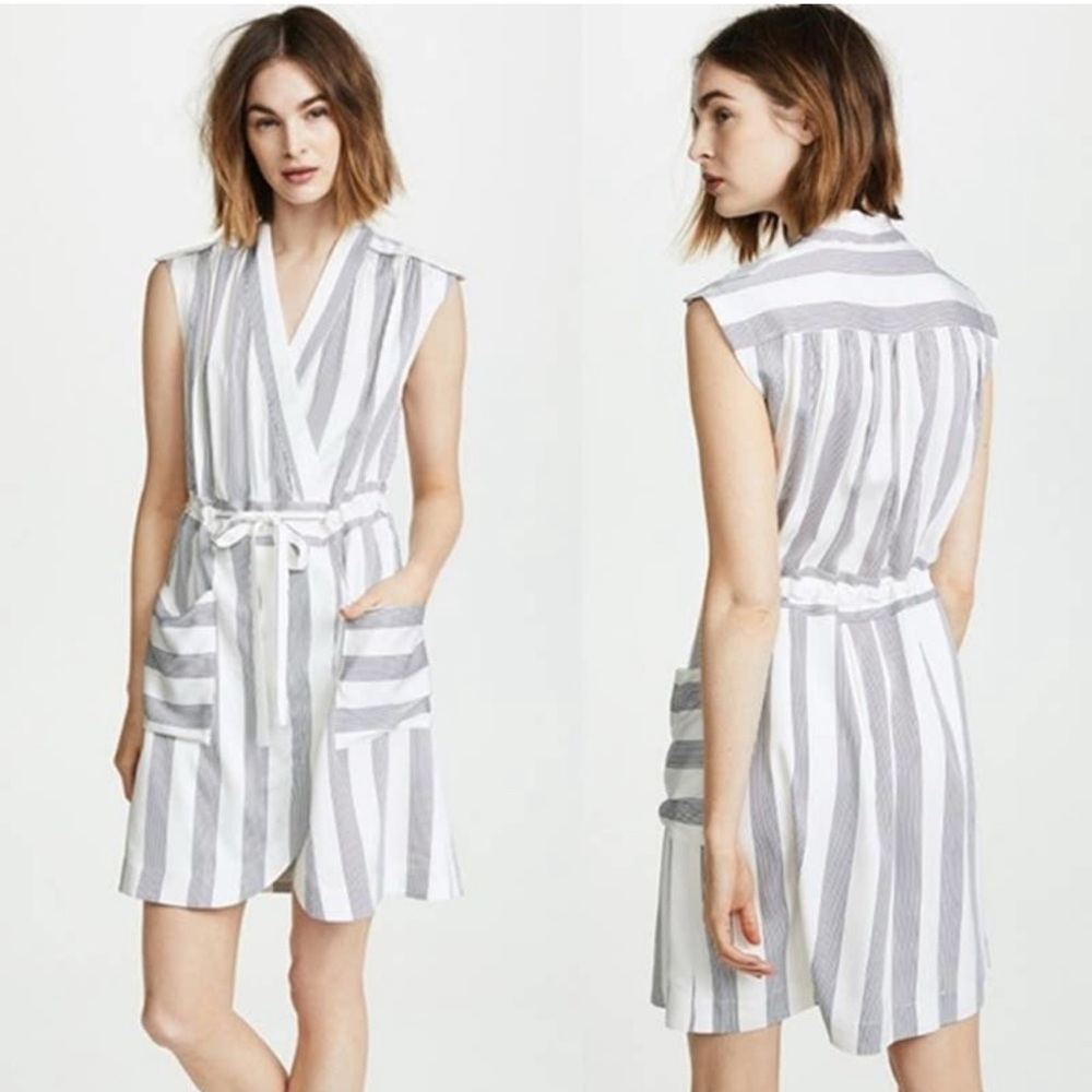 AYR The Bomb Striped Silk Mini Surplice Dress in White & Blue Stripes, Size 4